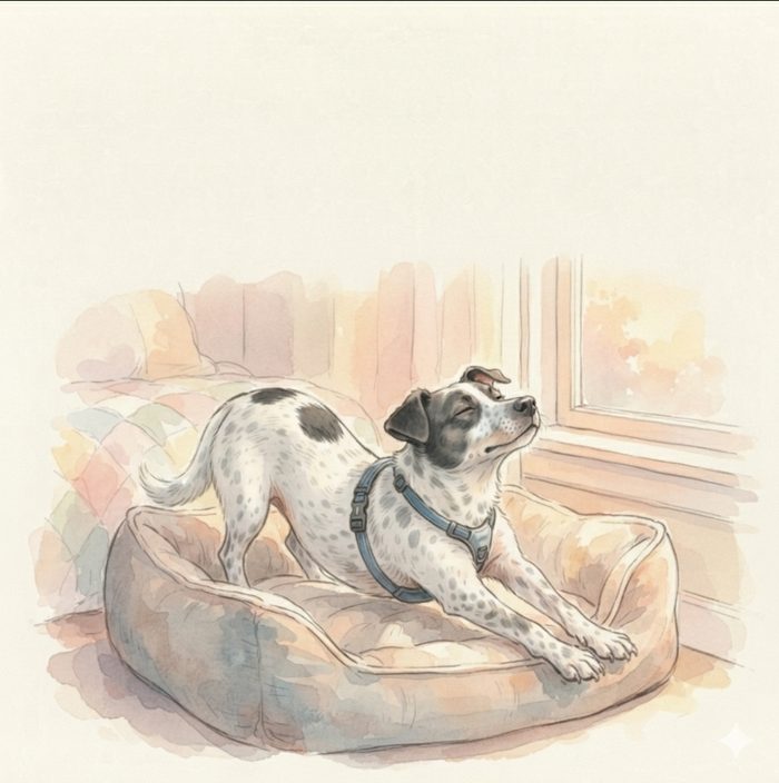 Dog waking up and stretching