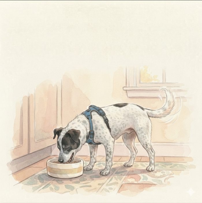 Dog eating breakfast