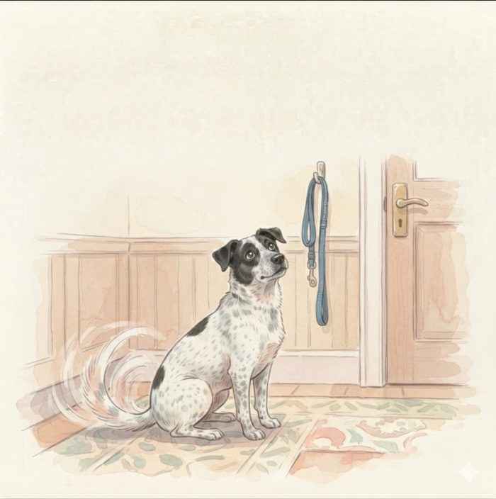 Dog waiting by the leash