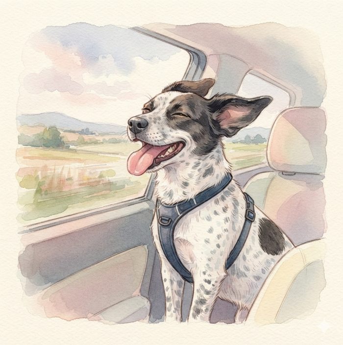 Dog riding in the car with head out the window