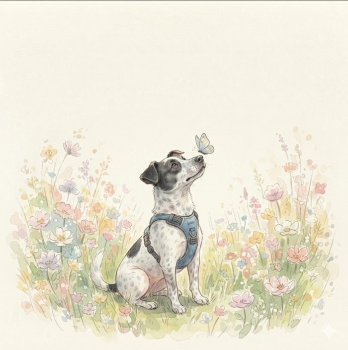 Dog watching a butterfly in a meadow