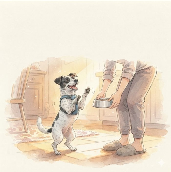 Dog dancing excitedly for dinner