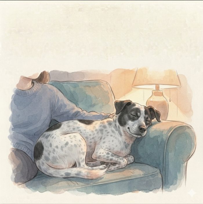 Dog cuddled on the couch in the evening